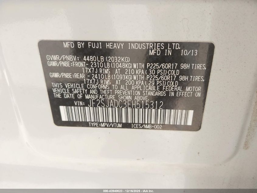 2014 Subaru Forester 2.5I Premium VIN: JF2SJADC3EH515312 Lot: 43940023