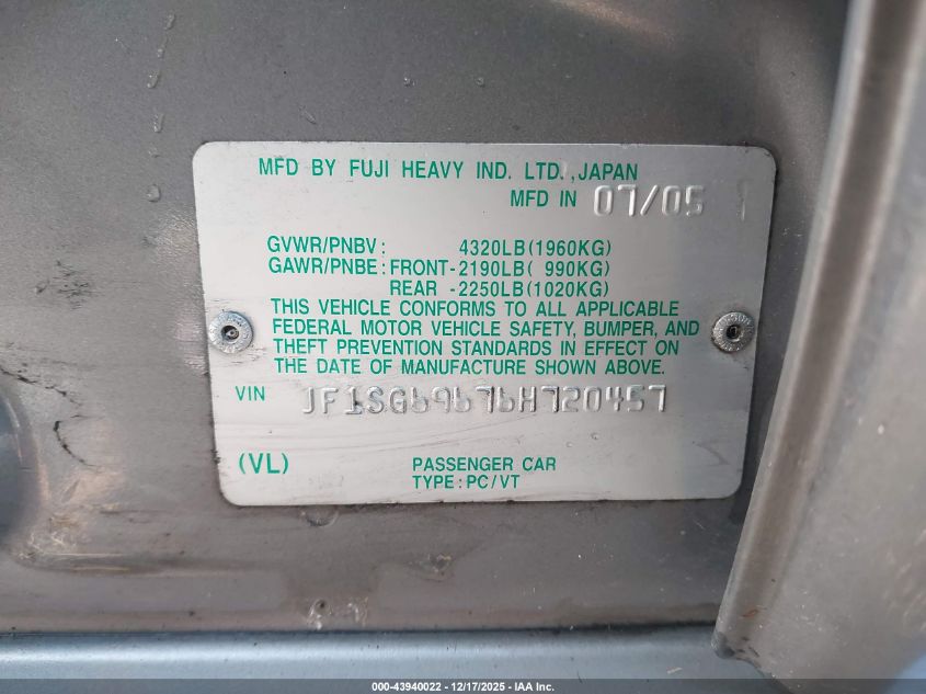 2006 Subaru Forester 2.5Xt Limited VIN: JF1SG69676H720457 Lot: 43940022