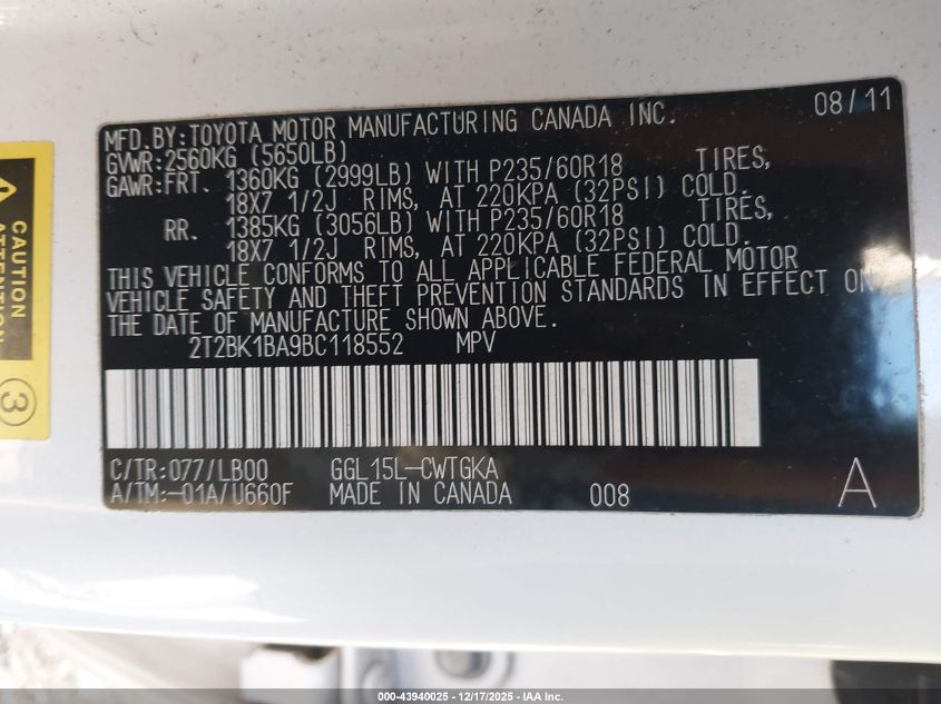 2011 Lexus Rx 350 VIN: 2T2BK1BA9BC118552 Lot: 43940025