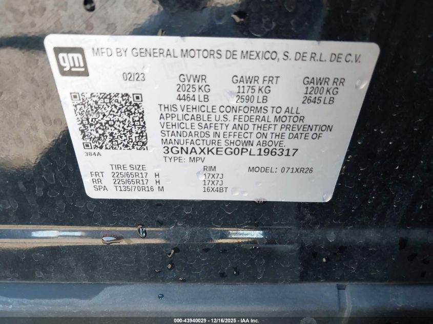 2023 Chevrolet Equinox Fwd Lt VIN: 3GNAXKEG0PL196317 Lot: 43940029