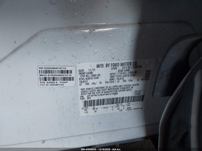 2015 Ford Edge Sel VIN: 2FMTK3J93FBC21066 Lot: 43940030