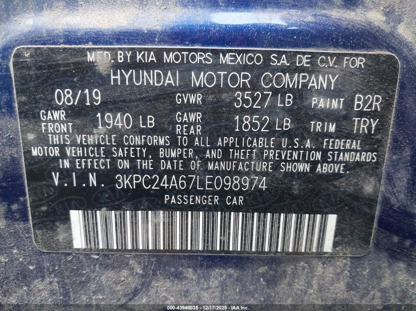 2020 Hyundai Accent Se VIN: 3KPC24A67LE098974 Lot: 43940035