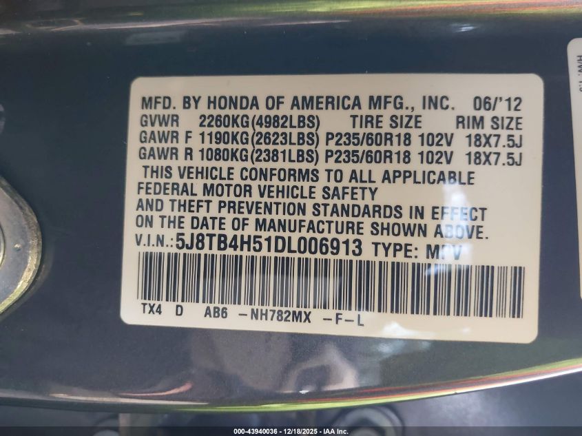 2013 Acura Rdx VIN: 5J8TB4H51DL006913 Lot: 43940036