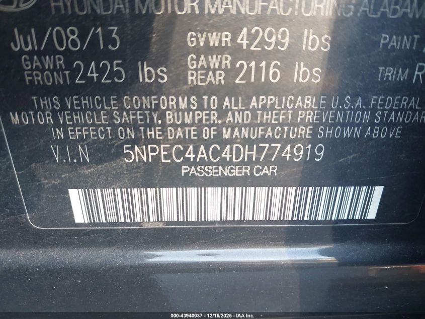 2013 Hyundai Sonata Se VIN: 5NPEC4AC4DH774919 Lot: 43940037