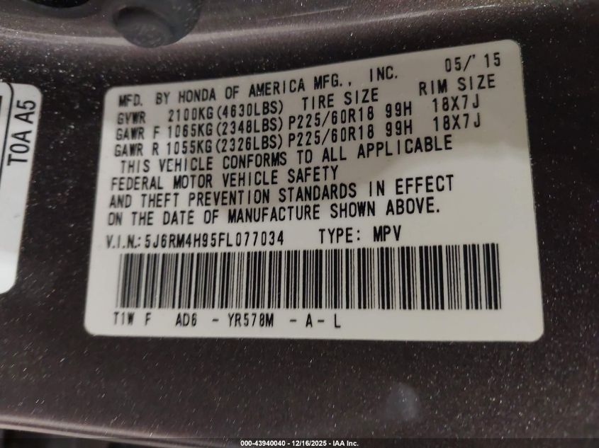 2015 Honda Cr-V Touring VIN: 5J6RM4H95FL077034 Lot: 43940040