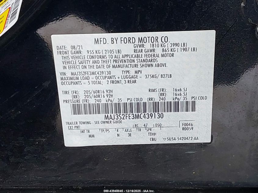 2021 Ford Ecosport S VIN: MAJ3S2FE3MC439130 Lot: 43940045