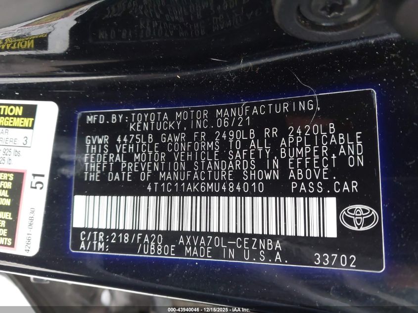 2021 Toyota Camry Le VIN: 4T1C11AK6MU484010 Lot: 43940046