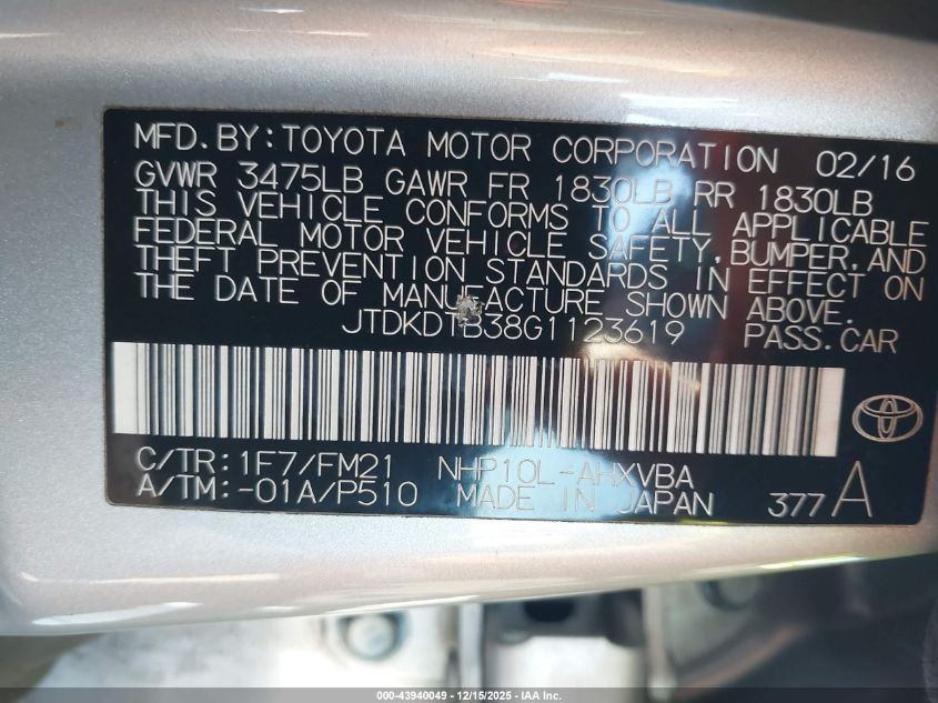 2016 Toyota Prius C Two VIN: JTDKDTB38G1123619 Lot: 43940049