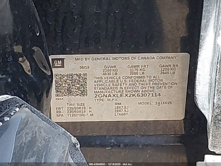 2019 Chevrolet Equinox Lt VIN: 2GNAXLEX2K6307114 Lot: 43940053