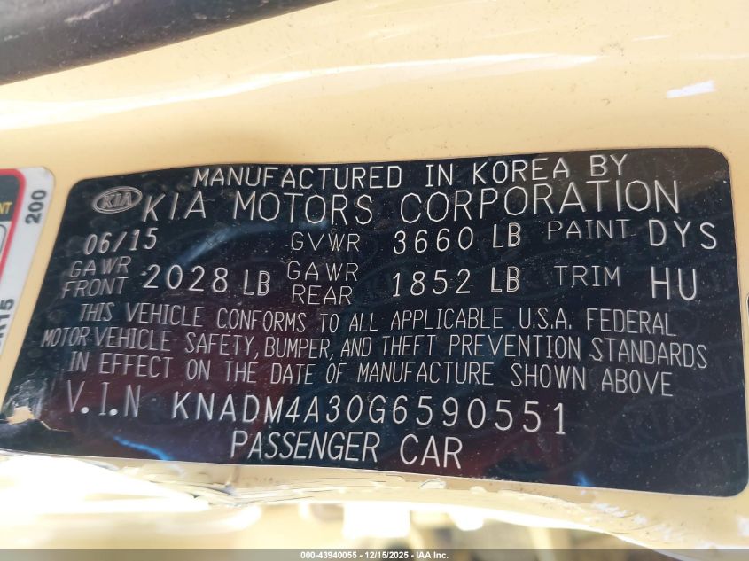 2016 Kia Rio Lx VIN: KNADM4A30G6590551 Lot: 43940055