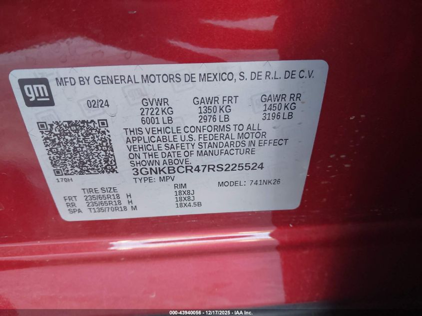 2024 Chevrolet Blazer Fwd 2Lt VIN: 3GNKBCR47RS225524 Lot: 43940056