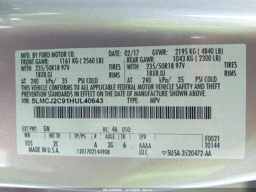 2017 Lincoln Mkc Select VIN: 5LMCJ2C91HUL40643 Lot: 43940058