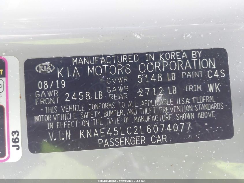 2020 Kia Stinger Gt1 VIN: KNAE45LC2L6074077 Lot: 43940061