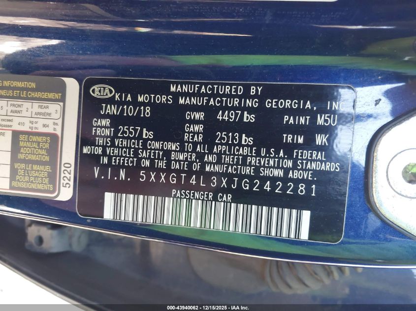 2018 Kia Optima S VIN: 5XXGT4L3XJG242281 Lot: 43940062