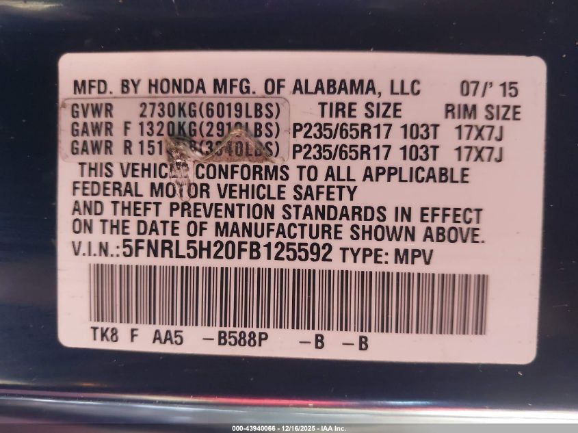 2015 Honda Odyssey Lx VIN: 5FNRL5H20FB125592 Lot: 43940066