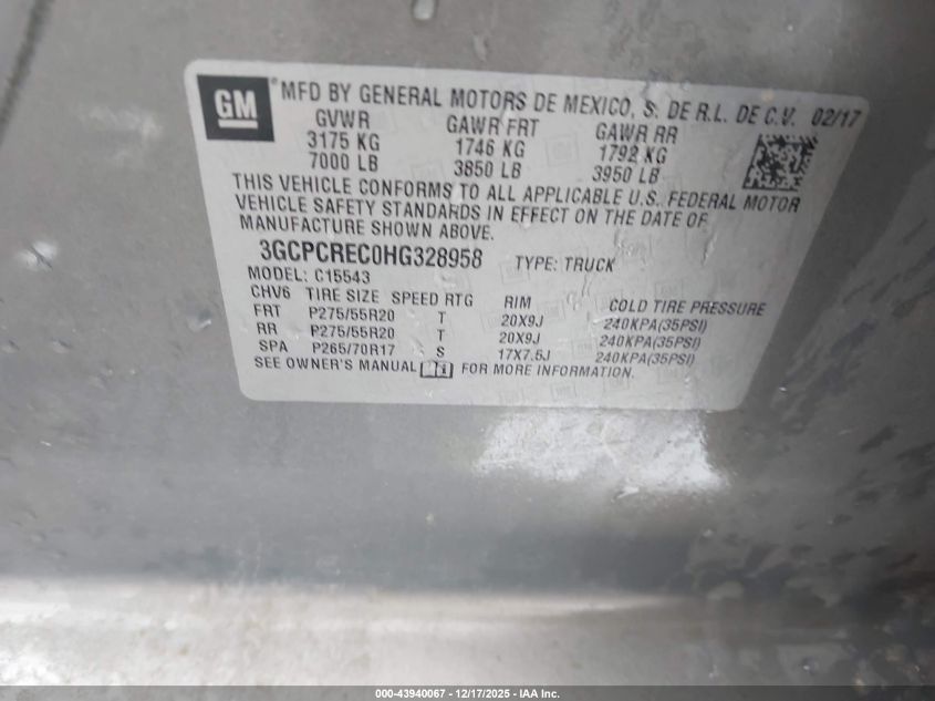 2017 Chevrolet Silverado 1500 1Lt VIN: 3GCPCREC0HG328958 Lot: 43940067