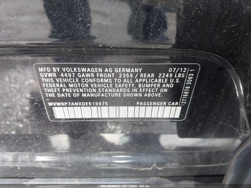 2013 Volkswagen Cc 2.0T Lux VIN: WVWRP7ANXDE519975 Lot: 43940070