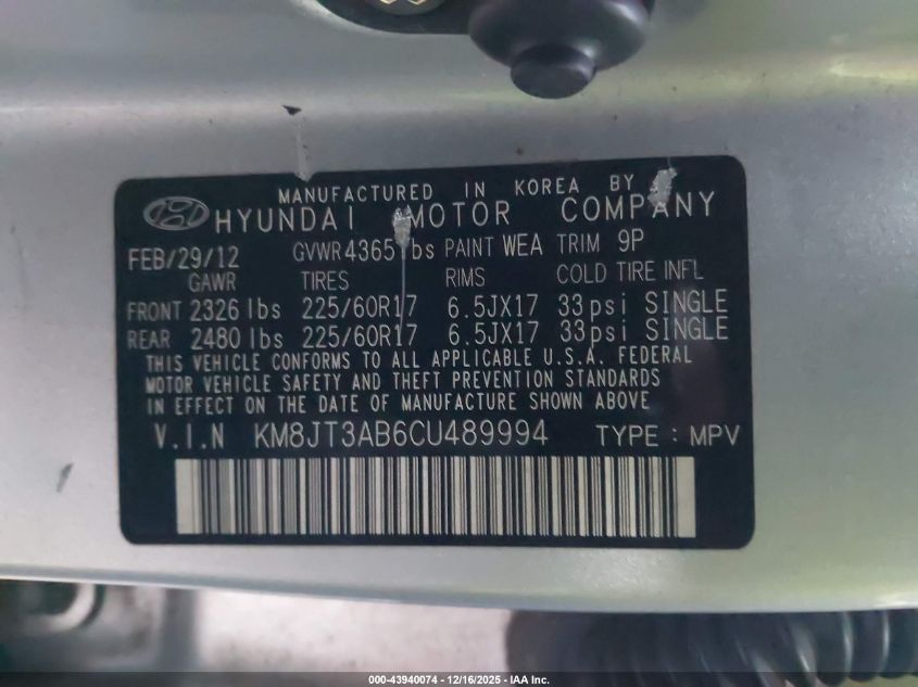 2012 Hyundai Tucson Gl VIN: KM8JT3AB6CU489994 Lot: 43940074