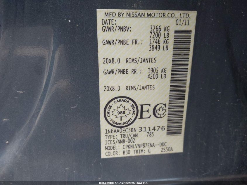 2011 Nissan Titan Sl VIN: 1N6AA0EC3BN311476 Lot: 43940077