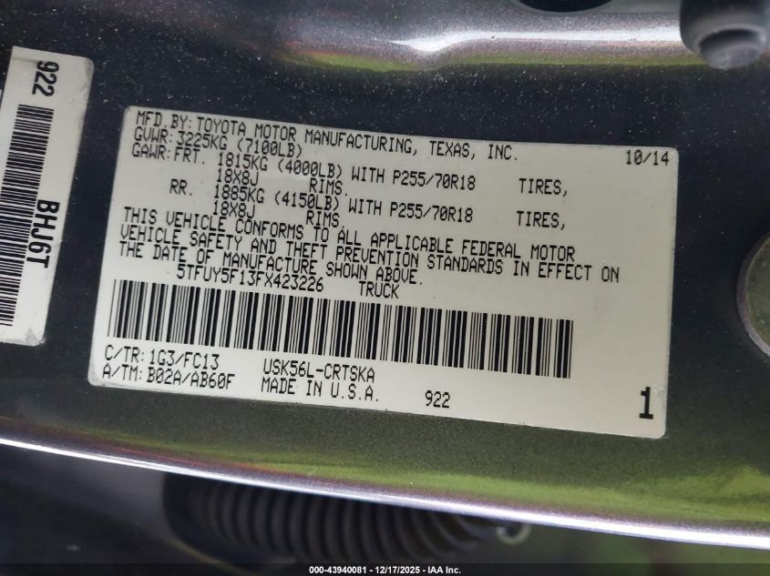 2015 Toyota Tundra Sr5 5.7L V8 VIN: 5TFUY5F13FX423226 Lot: 43940081