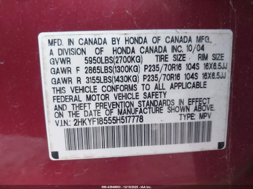 2005 Honda Pilot Ex-L VIN: 2HKYF18555H517778 Lot: 43940083