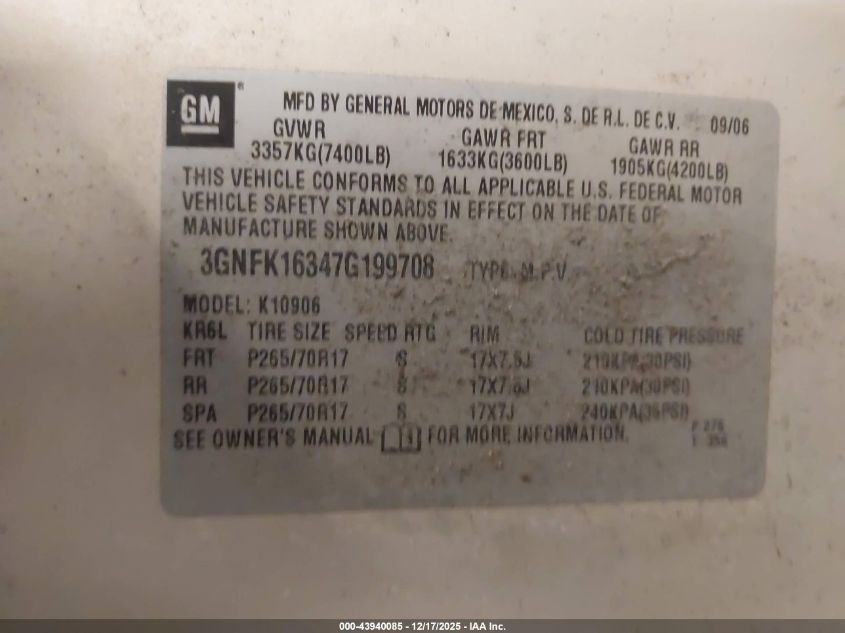 2007 Chevrolet Suburban 1500 Lt VIN: 3GNFK16347G199708 Lot: 43940085