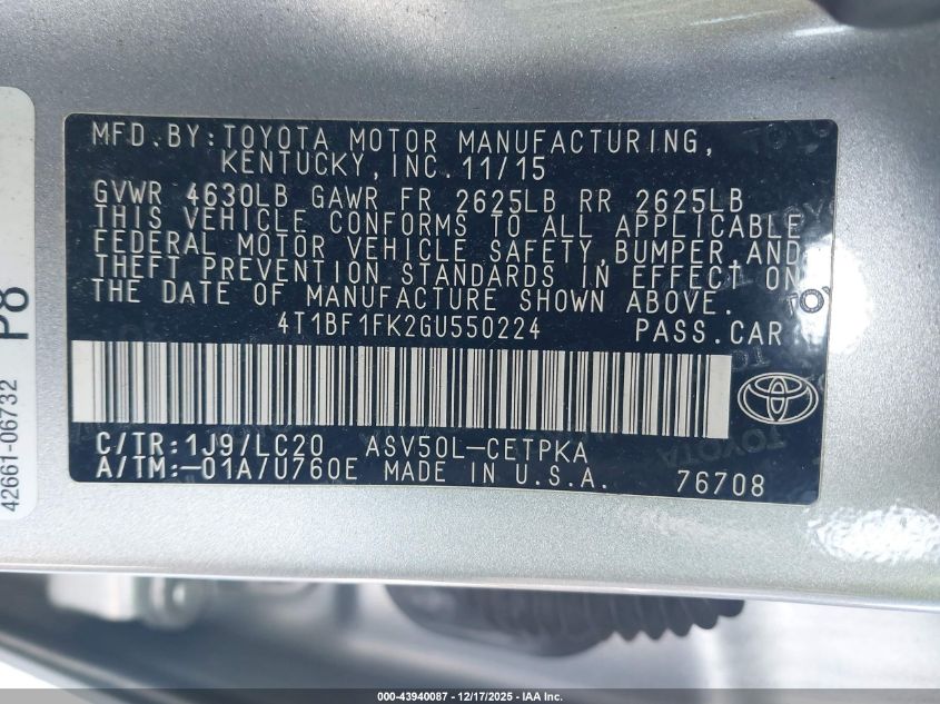 2016 Toyota Camry Xse VIN: 4T1BF1FK2GU550224 Lot: 43940087