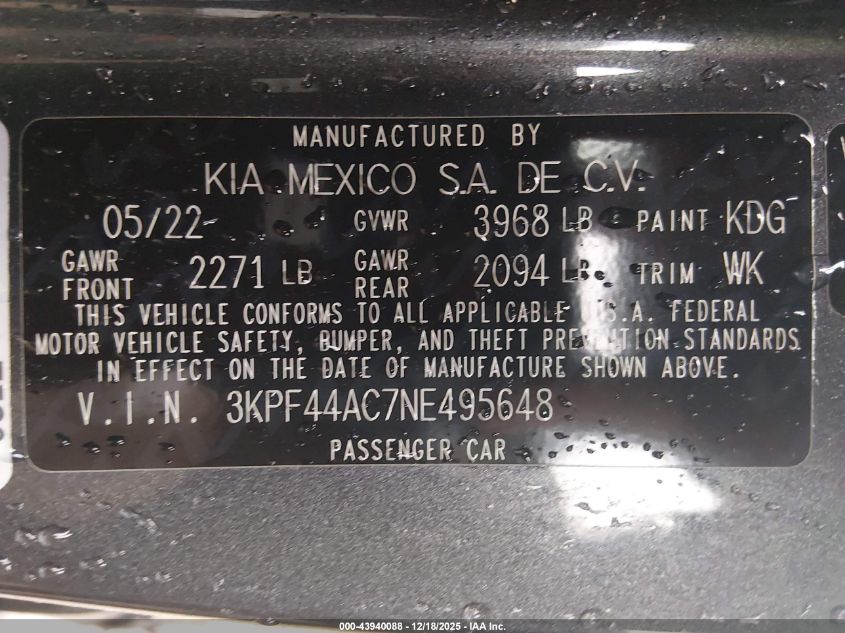 2022 Kia Forte Gt VIN: 3KPF44AC7NE495648 Lot: 43940088