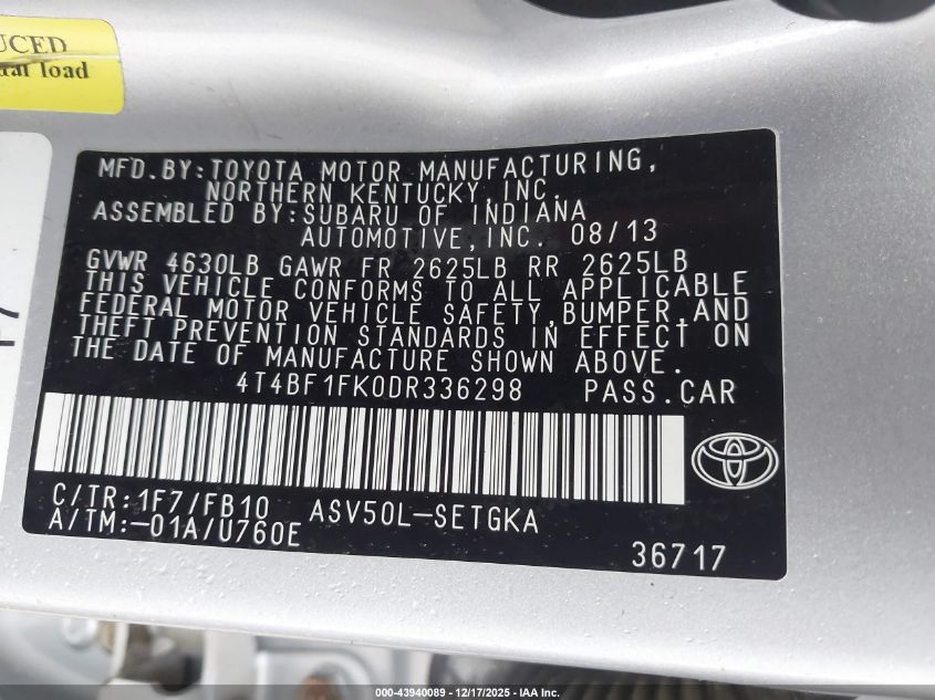 2013 Toyota Camry Xle VIN: 4T4BF1FK0DR336298 Lot: 43940089