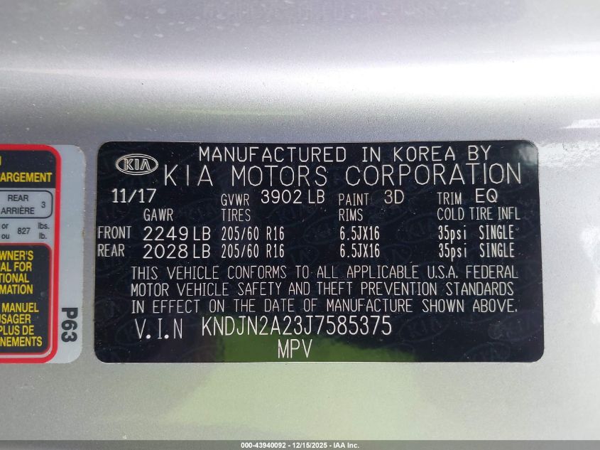 2018 Kia Soul VIN: KNDJN2A23J7585375 Lot: 43940092