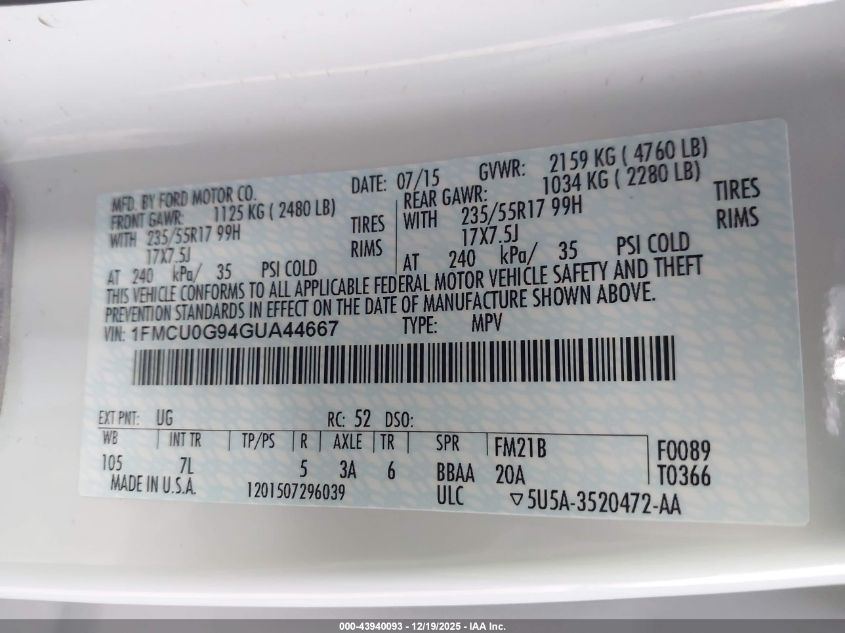 2016 Ford Escape Se VIN: 1FMCU0G94GUA44667 Lot: 43940093