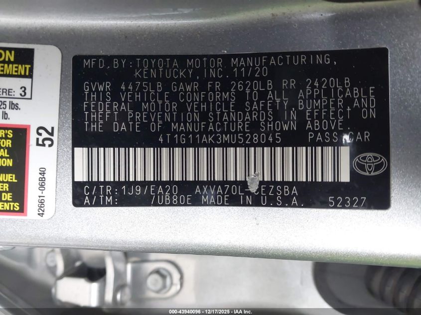 2021 Toyota Camry Se VIN: 4T1G11AK3MU528045 Lot: 43940096