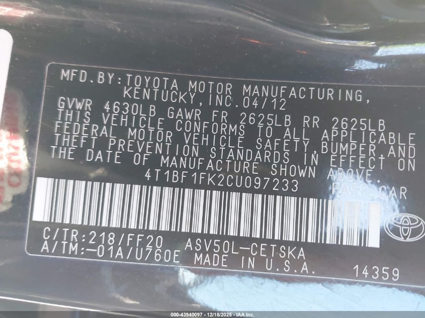 2012 Toyota Camry Se VIN: 4T1BF1FK2CU097233 Lot: 43940097
