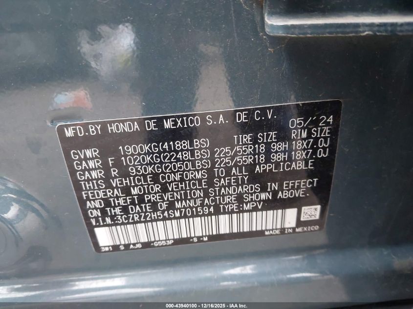 2025 Honda Hr-V Awd Sport VIN: 3CZRZ2H54SM701594 Lot: 43940100