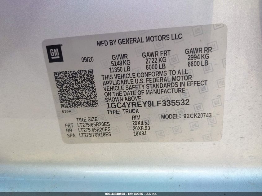 2020 Chevrolet Silverado 2500Hd 4Wd Standard Bed High Country VIN: 1GC4YREY9LF335532 Lot: 43940103