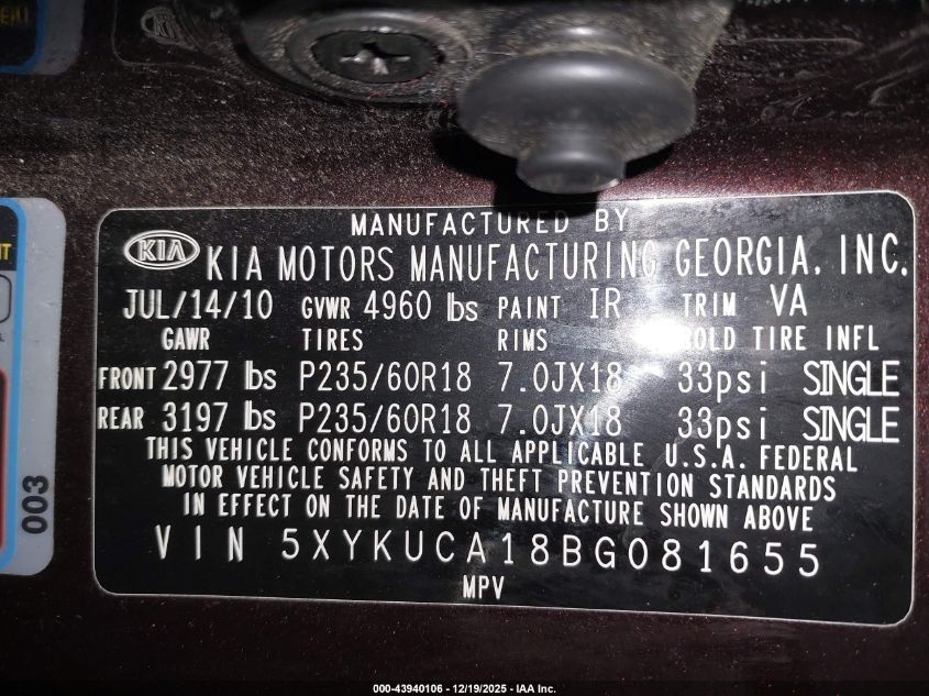 2011 Kia Sorento Ex VIN: 5XYKUCA18BG081655 Lot: 43940106