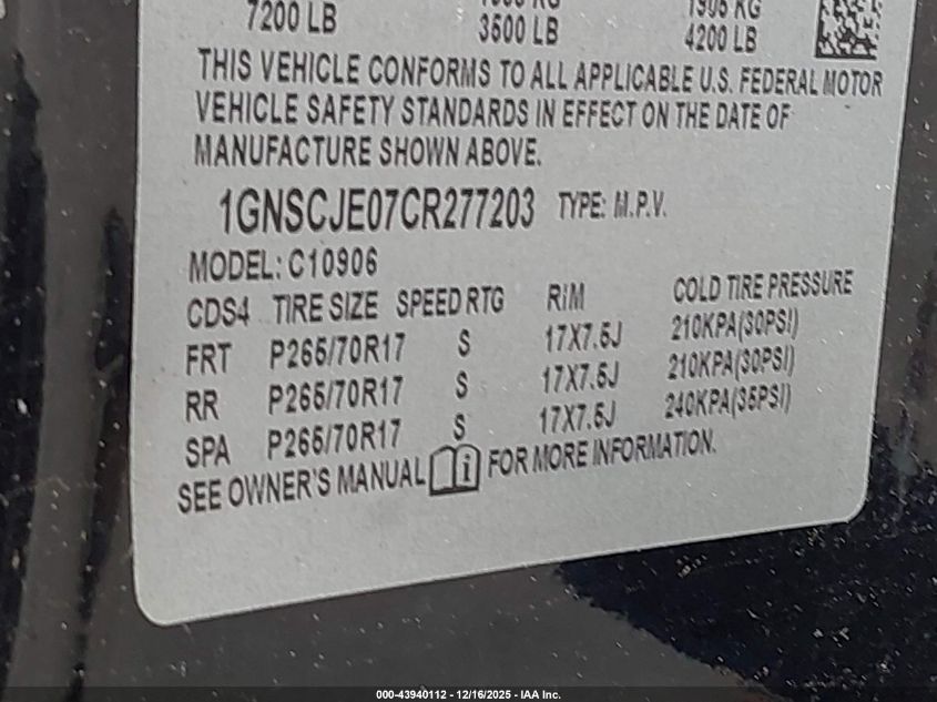 2012 Chevrolet Suburban 1500 Lt VIN: 1GNSCJE07CR277203 Lot: 43940112