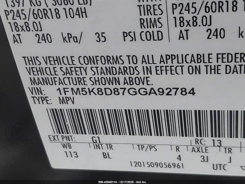 2016 Ford Explorer Xlt VIN: 1FM5K8D87GGA92784 Lot: 43940114