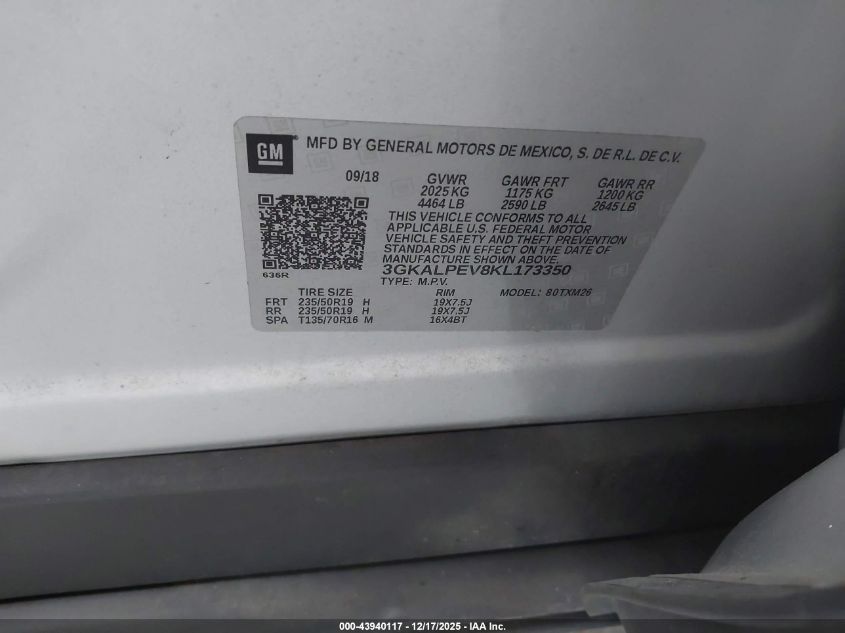 2019 GMC Terrain Slt VIN: 3GKALPEV8KL173350 Lot: 43940117