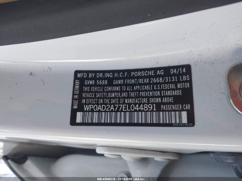 2014 Porsche Panamera E-Hybrid S VIN: WP0AD2A77EL044891 Lot: 43940118