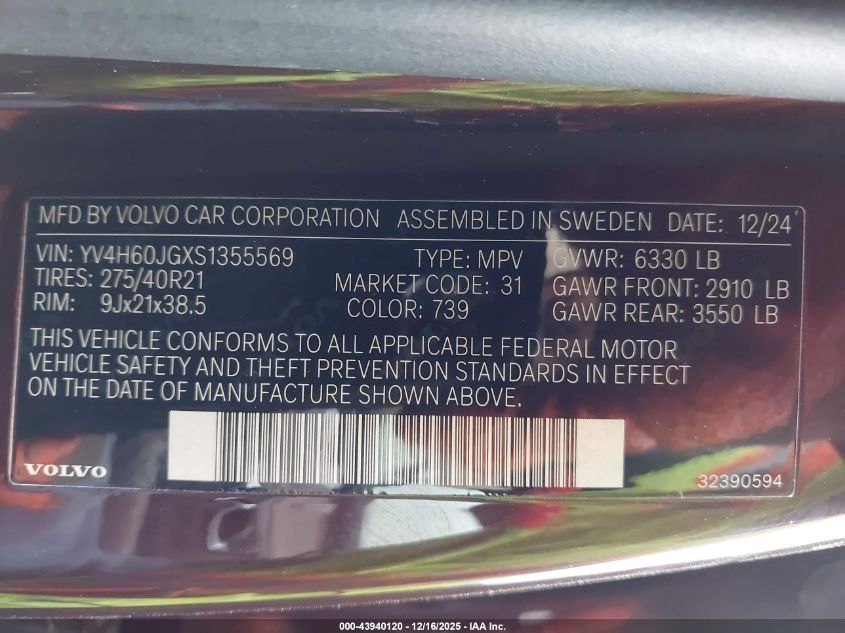 2025 Volvo Xc90 Plug-In Hybrid T8 Ultra 6-Seater VIN: YV4H60JGXS1355569 Lot: 43940120