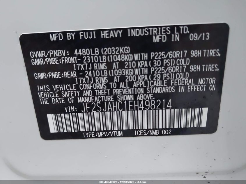 2014 Subaru Forester 2.5I Limited VIN: JF2SJAHC1EH498214 Lot: 43940127