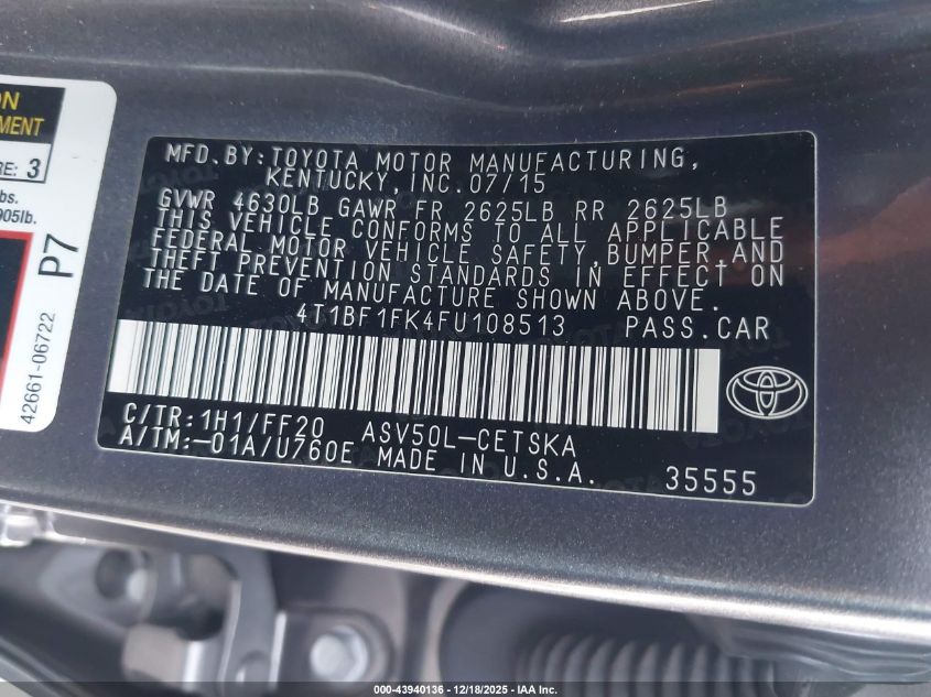 2015 Toyota Camry Se VIN: 4T1BF1FK4FU108513 Lot: 43940136