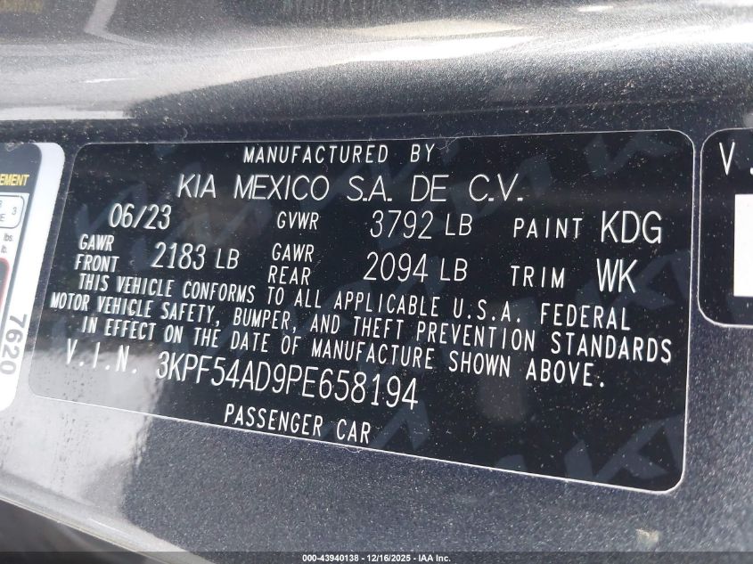 2023 Kia Forte Gt-Line VIN: 3KPF54AD9PE658194 Lot: 43940138