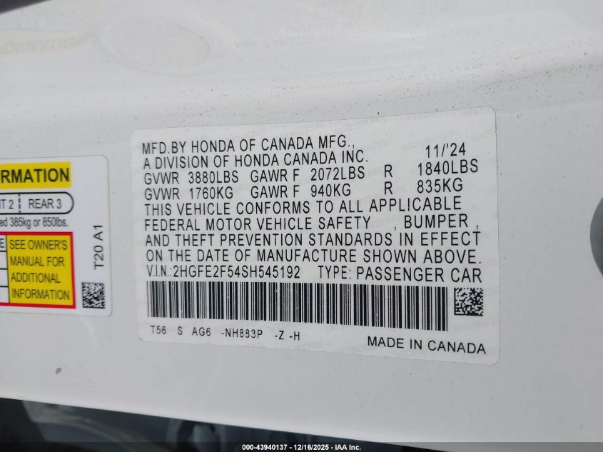 2025 Honda Civic Sport VIN: 2HGFE2F54SH545192 Lot: 43940137