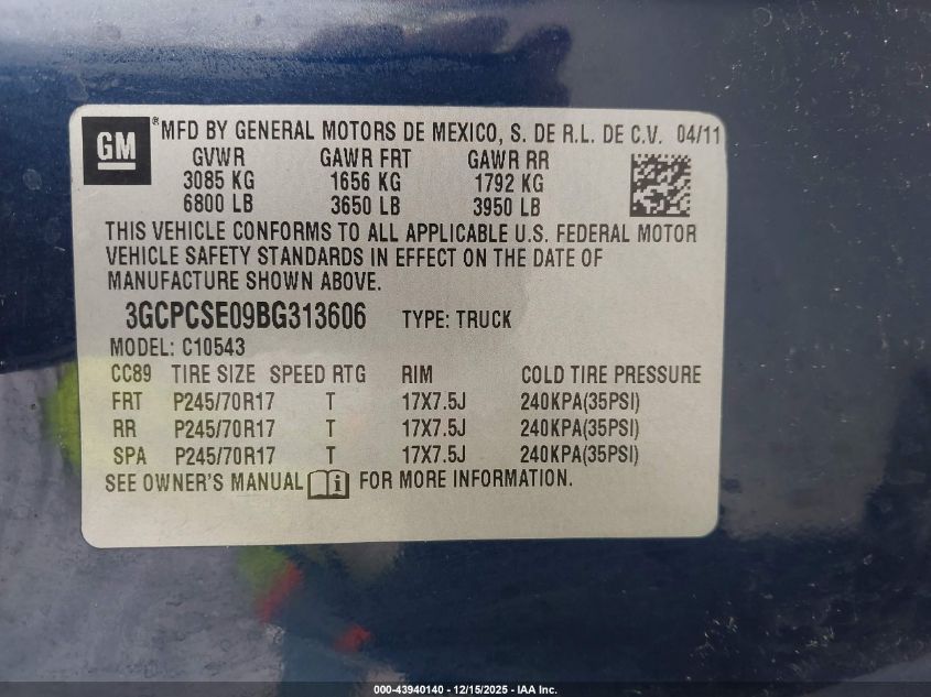 2011 Chevrolet Silverado 1500 Lt VIN: 3GCPCSE09BG313606 Lot: 43940140