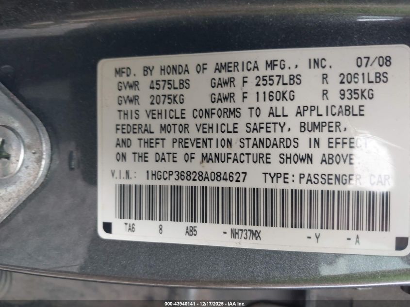 2008 Honda Accord 3.5 Ex-L VIN: 1HGCP36828A084627 Lot: 43940141