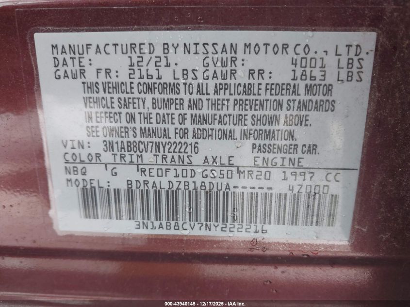 2022 Nissan Sentra Sv Xtronic Cvt VIN: 3N1AB8CV7NY222216 Lot: 43940145