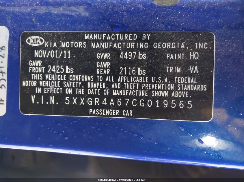 2012 Kia Optima Sx VIN: 5XXGR4A67CG019565 Lot: 43940147