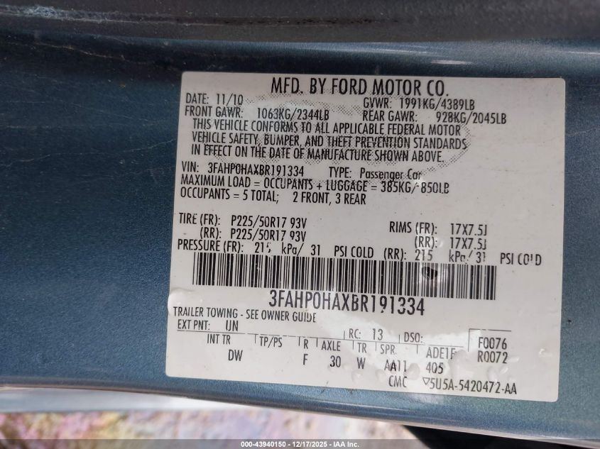 2011 Ford Fusion Se VIN: 3FAHP0HAXBR191334 Lot: 43940150